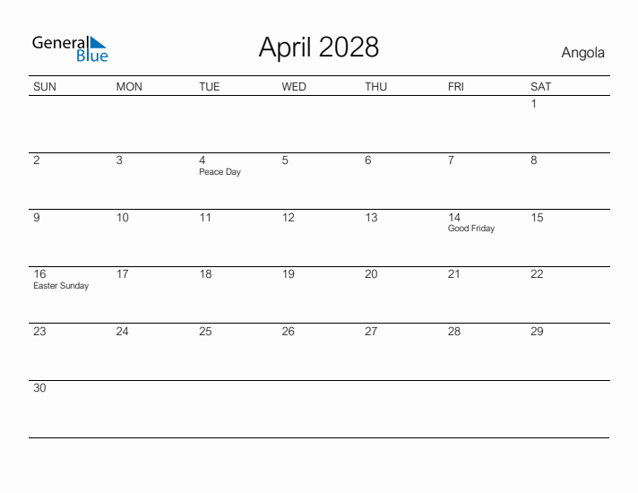 Printable April 2028 Calendar for Angola