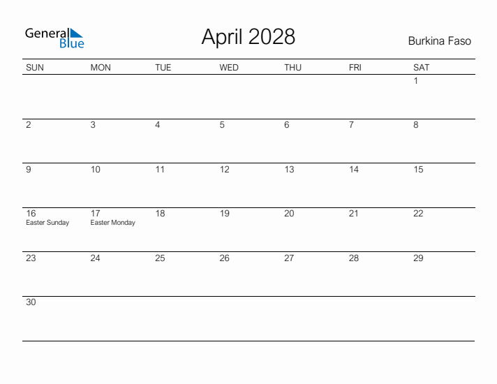 Printable April 2028 Calendar for Burkina Faso