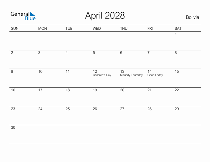 Printable April 2028 Calendar for Bolivia