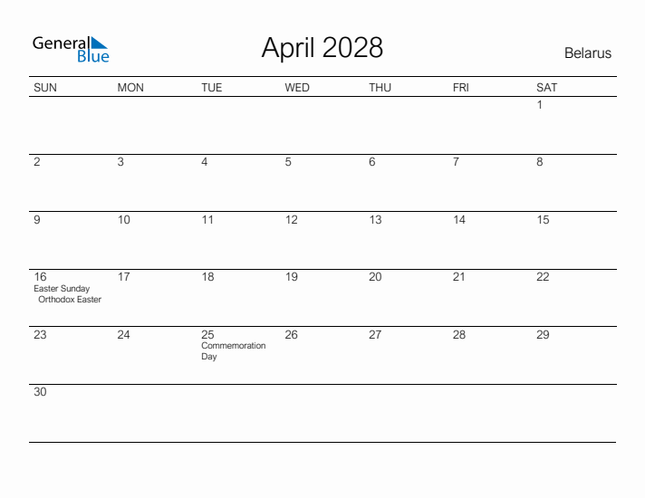 Printable April 2028 Calendar for Belarus