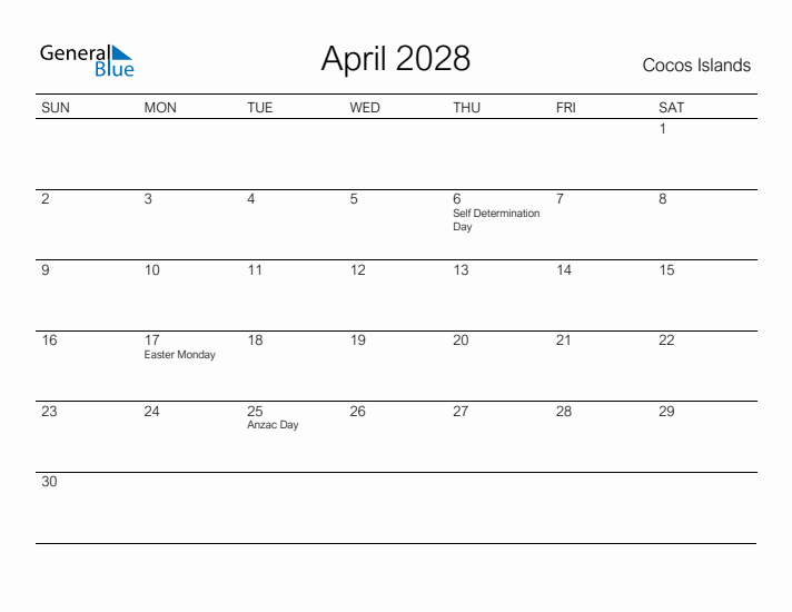 Printable April 2028 Calendar for Cocos Islands