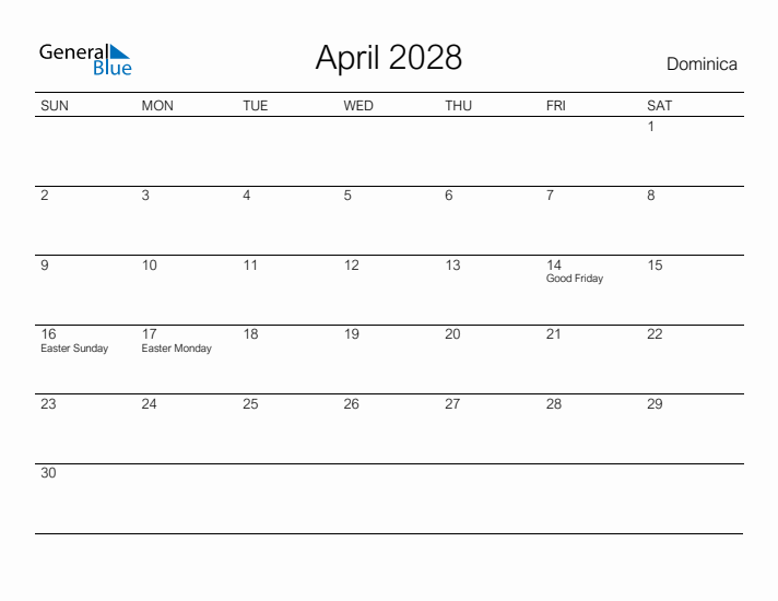 Printable April 2028 Calendar for Dominica