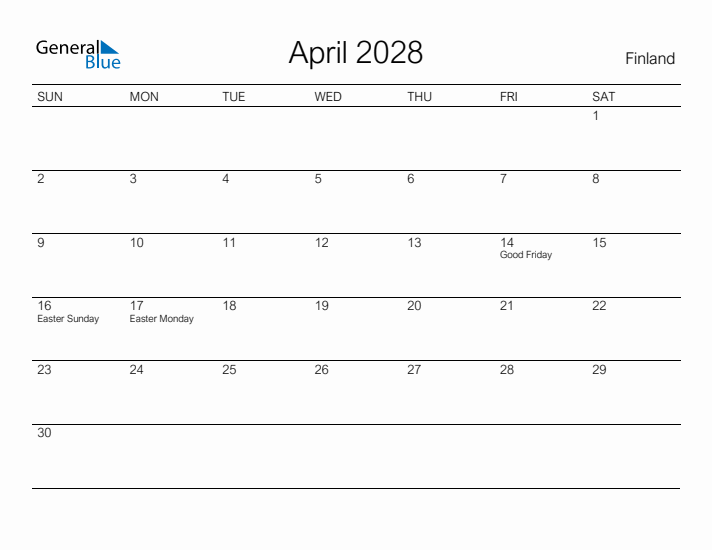 Printable April 2028 Calendar for Finland