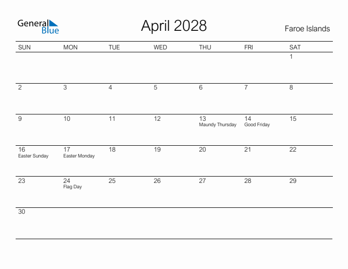 Printable April 2028 Calendar for Faroe Islands