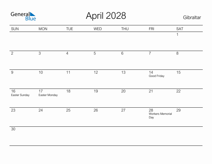 Printable April 2028 Calendar for Gibraltar