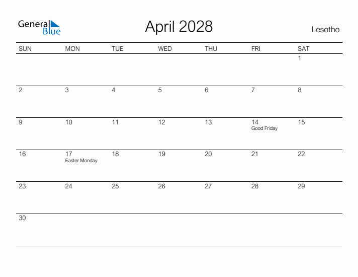 Printable April 2028 Calendar for Lesotho