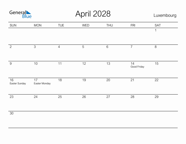 Printable April 2028 Calendar for Luxembourg