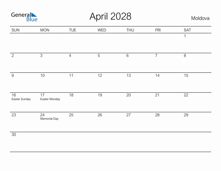 Printable April 2028 Calendar for Moldova