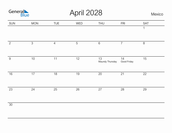 Printable April 2028 Calendar for Mexico