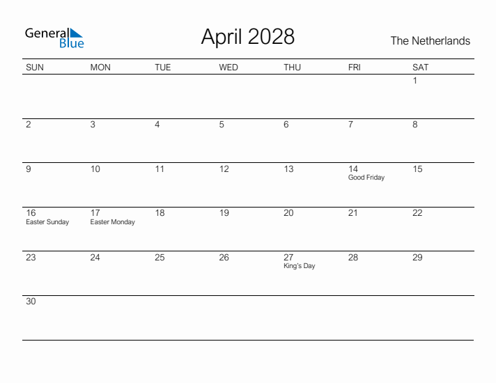 Printable April 2028 Calendar for The Netherlands