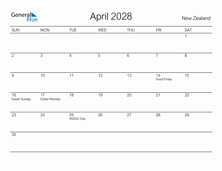 Printable April 2028 Calendar for New Zealand