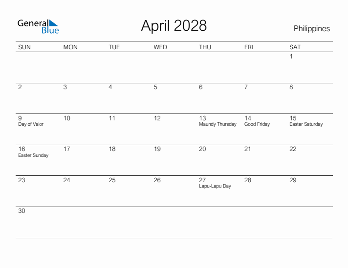 Printable April 2028 Calendar for Philippines