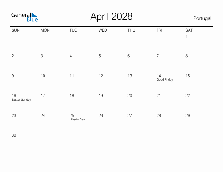 Printable April 2028 Calendar for Portugal