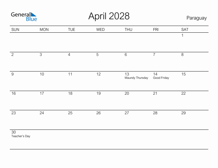 Printable April 2028 Calendar for Paraguay