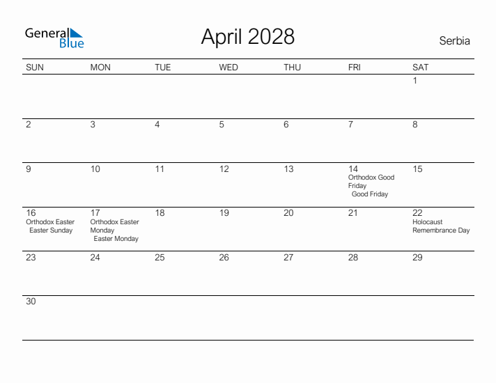 Printable April 2028 Calendar for Serbia