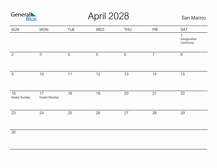 Printable April 2028 Calendar for San Marino