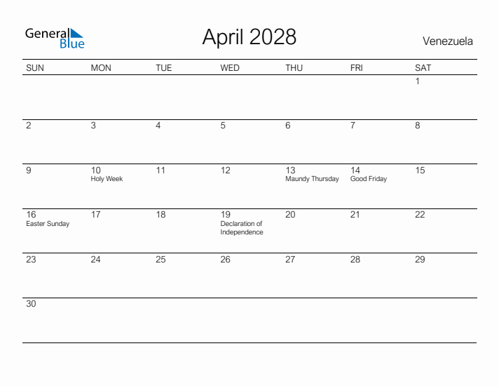 Printable April 2028 Calendar for Venezuela