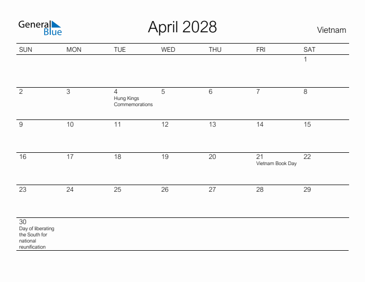 Printable April 2028 Calendar for Vietnam