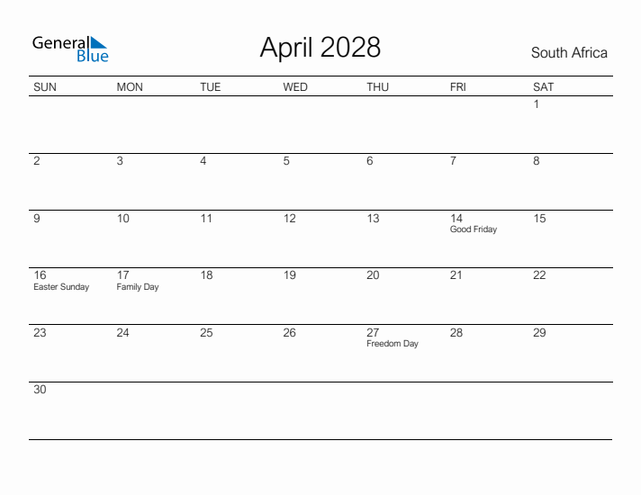 Printable April 2028 Calendar for South Africa