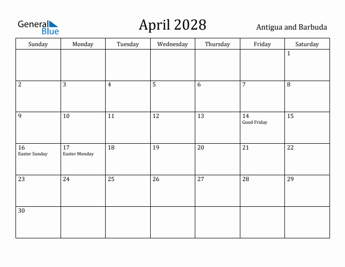 April 2028 Calendar Antigua and Barbuda