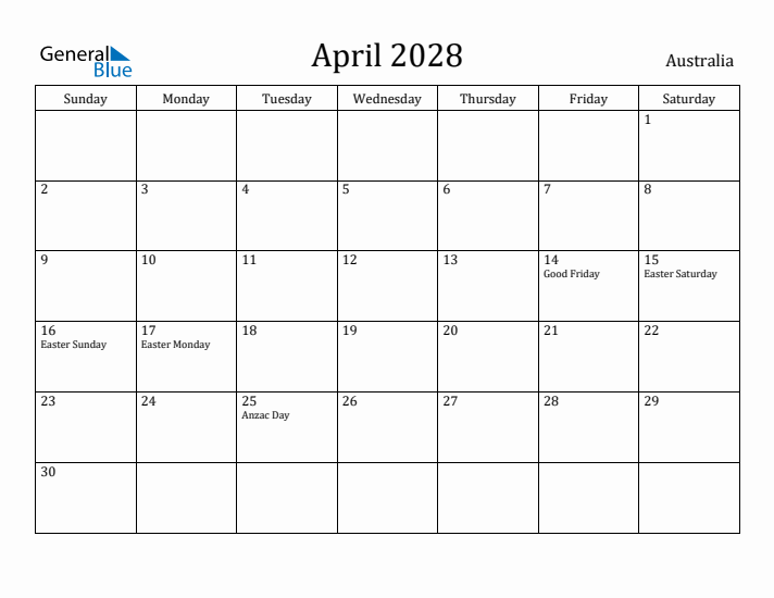 April 2028 Calendar Australia