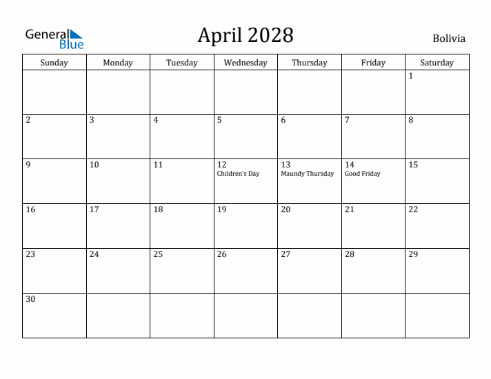 April 2028 Calendar Bolivia