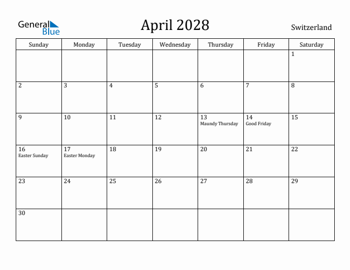 April 2028 Calendar Switzerland