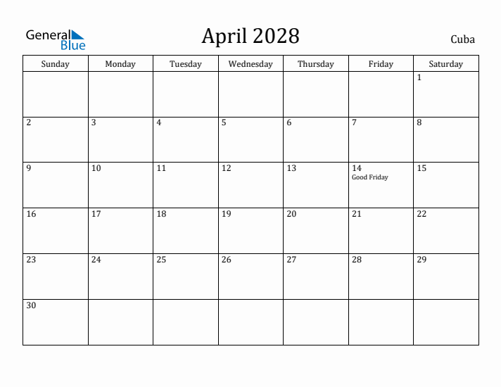 April 2028 Calendar Cuba