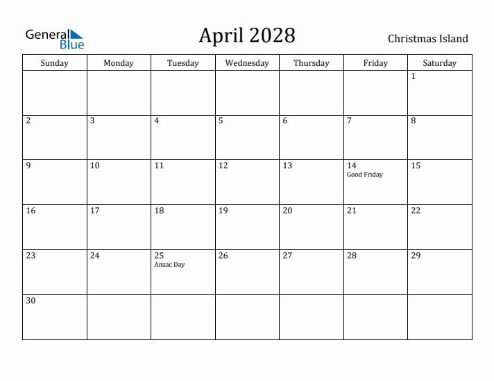 April 2028 Calendar Christmas Island