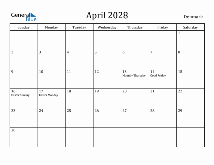 April 2028 Calendar Denmark