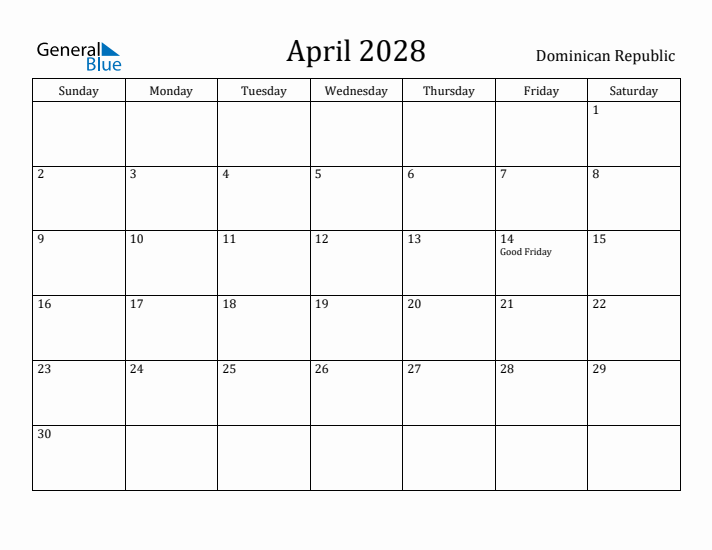 April 2028 Calendar Dominican Republic