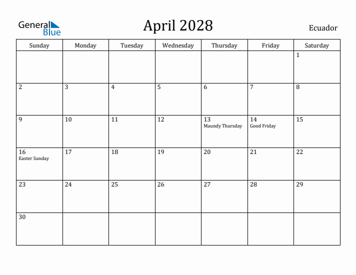 April 2028 Calendar Ecuador