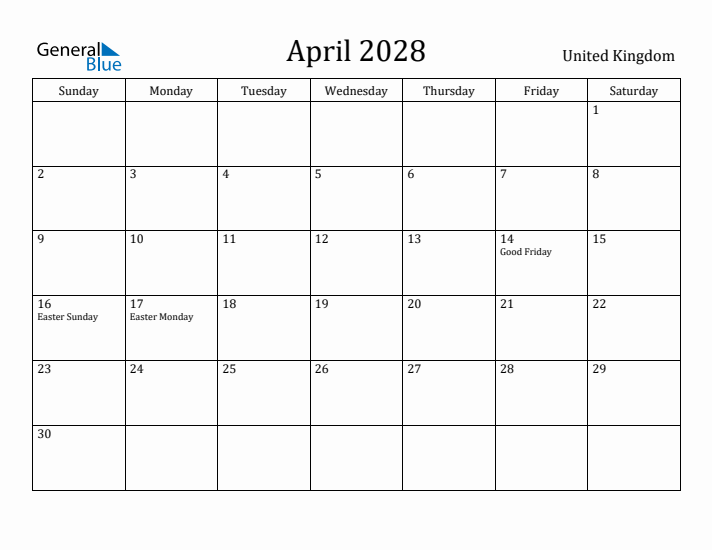 April 2028 Calendar United Kingdom