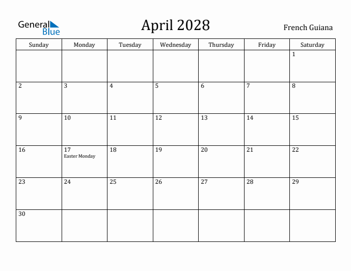 April 2028 Calendar French Guiana