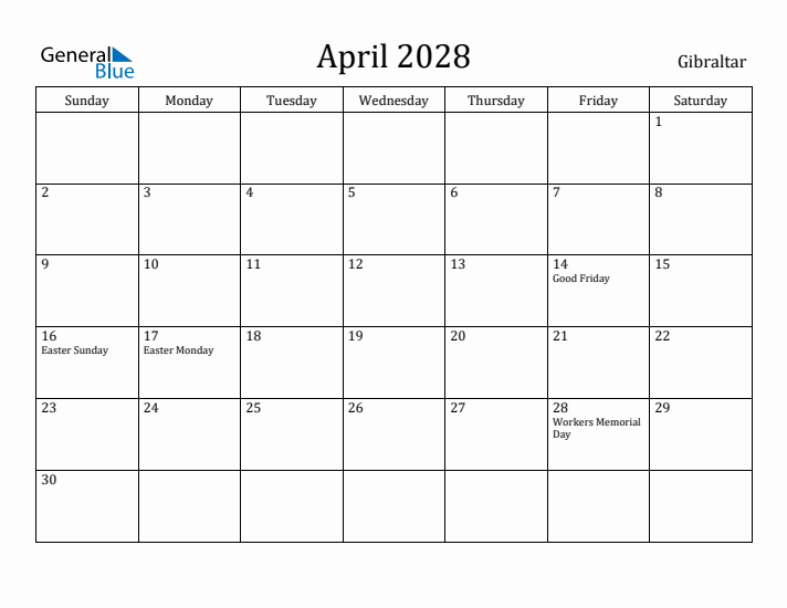 April 2028 Calendar Gibraltar