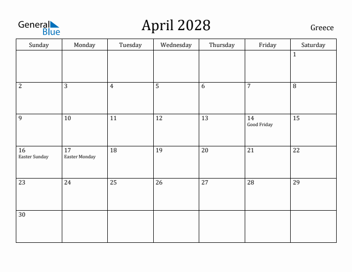 April 2028 Calendar Greece