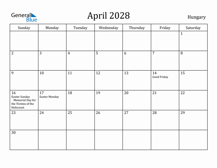 April 2028 Calendar Hungary