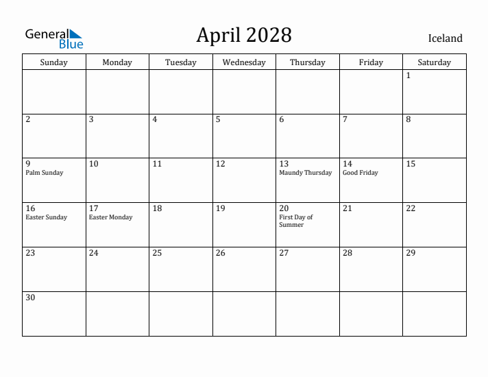 April 2028 Calendar Iceland