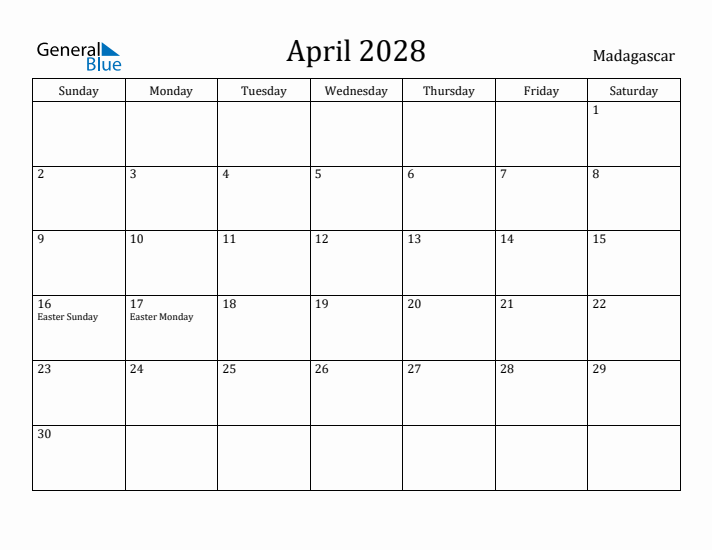 April 2028 Calendar Madagascar