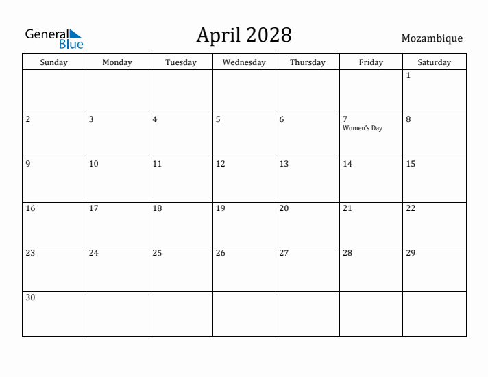 April 2028 Calendar Mozambique