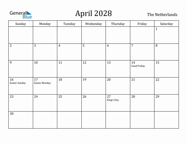 April 2028 Calendar The Netherlands