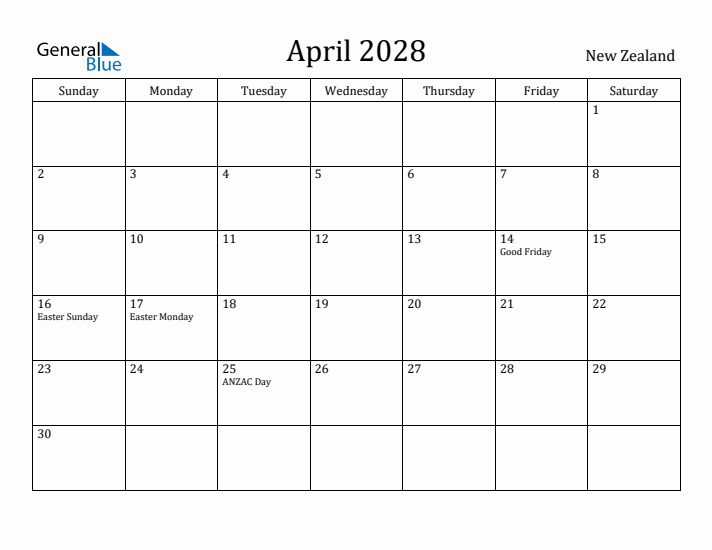 April 2028 Calendar New Zealand