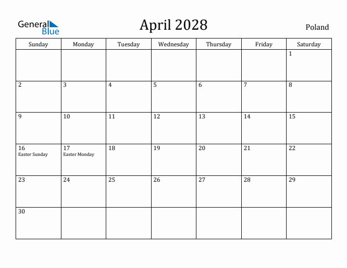 April 2028 Calendar Poland