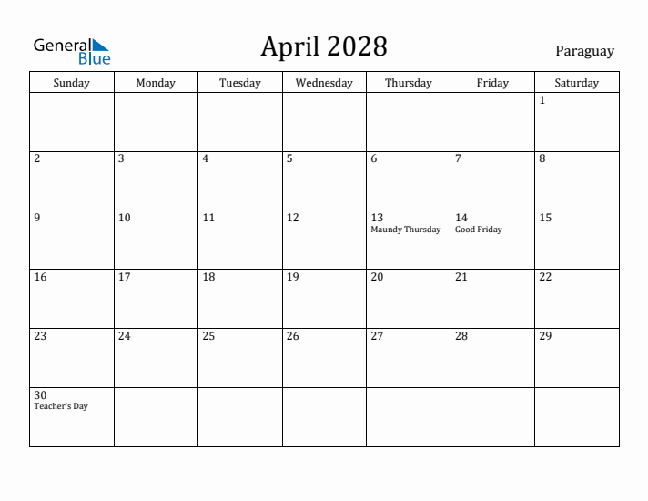 April 2028 Calendar Paraguay