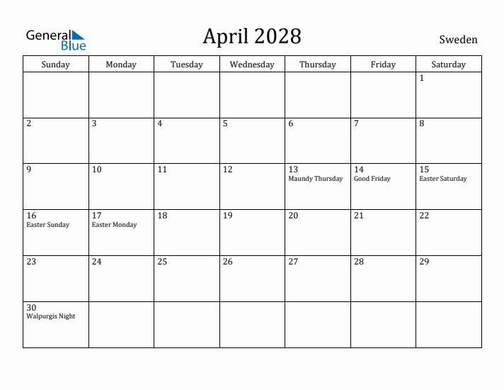 April 2028 Calendar Sweden