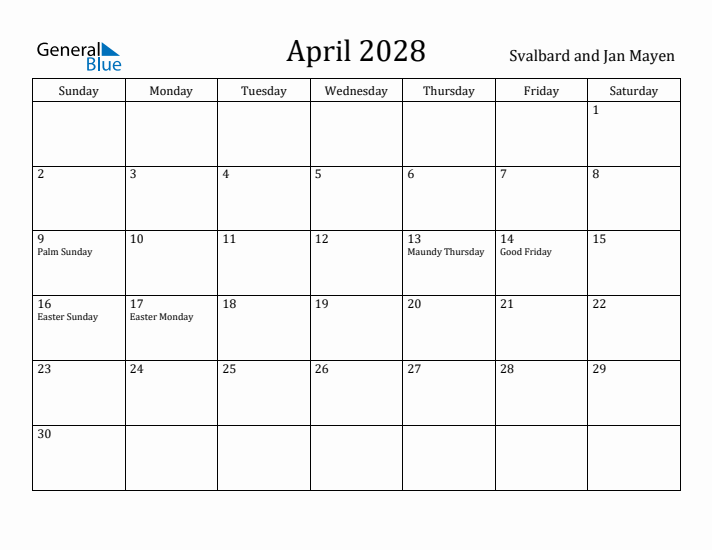 April 2028 Calendar Svalbard and Jan Mayen