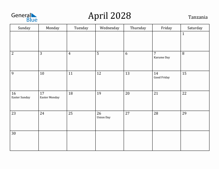 April 2028 Calendar Tanzania