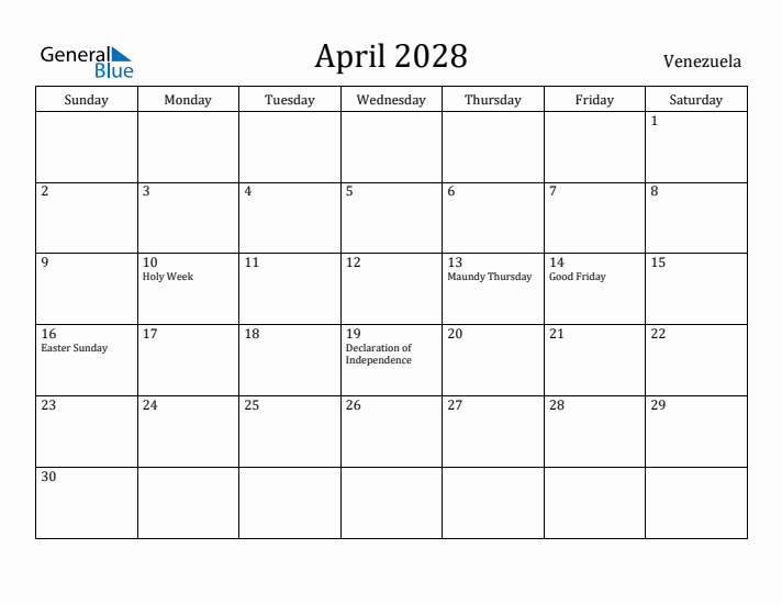 April 2028 Calendar Venezuela