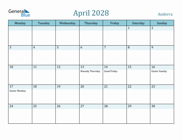 April 2028 Calendar with Holidays