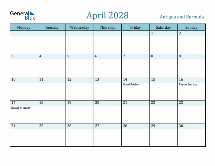 April 2028 Calendar with Holidays